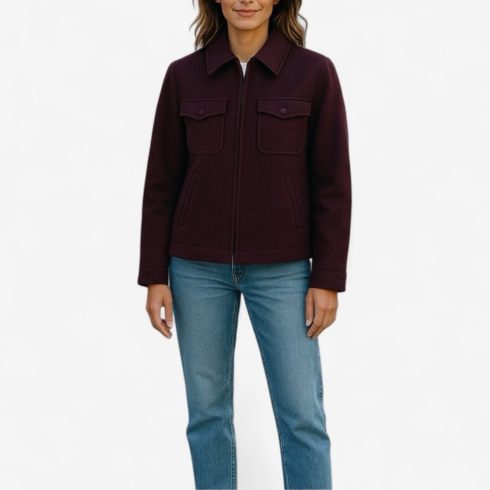 J.Crew | Wool Blend Zip‎ Jacket Small Burgundy Point Collar Utility Pockets